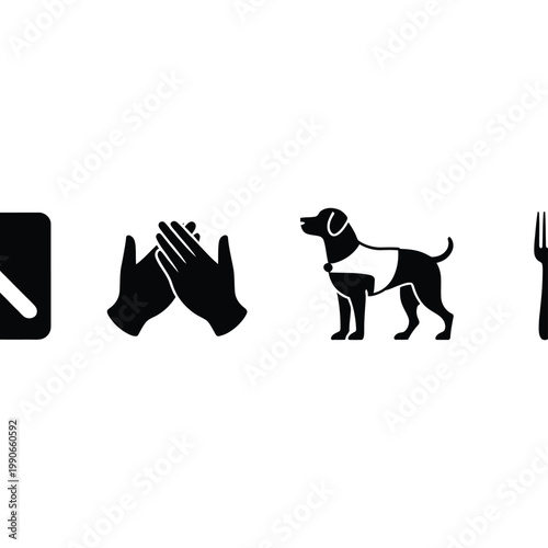 Set of icons containing a knife, two clapping hands, a dog, and a fork, useful for various purposes.