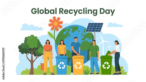 People celebrating Global Recycling Day with recycling bins and eco friendly symbols around them