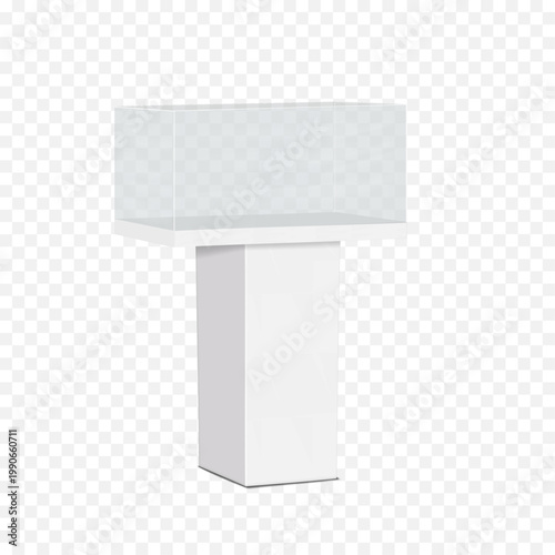 Blank white pedestal with transparent top case. Realistic 3d vector mockup. Product display podium stand. Easy editable mock-up. Exhibition plinth with clear showcase. Template for design