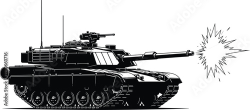 Black silhouette of modern military main battle tank firing cannon with muzzle flash isolated on white background for defense designs
