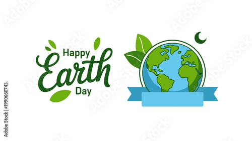 Happy Earth Day illustration with globe leaves and banner on white background