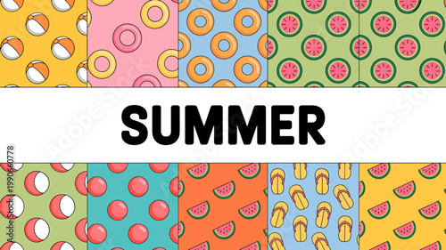 Colorful summer food patterns with donuts watermelon slices and hotdogs