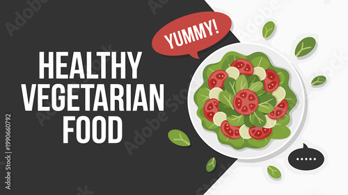 Healthy vegetarian food plate with salad and tomatoes on white and black background