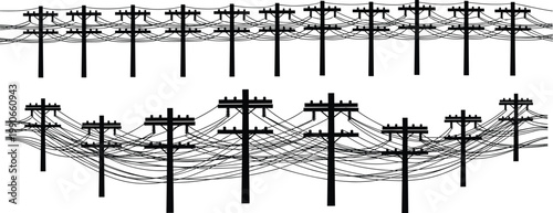 Black Silhouette of Utility Pole Set with Messy Overhead Power Lines and Electric Wires for Energy Infrastructure and Industrial Design