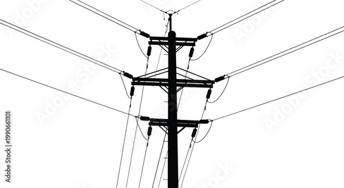 Black Silhouette Vector Illustration of High Voltage Electric Utility Pole and Power Lines for Energy Infrastructure and Industrial Technology Design