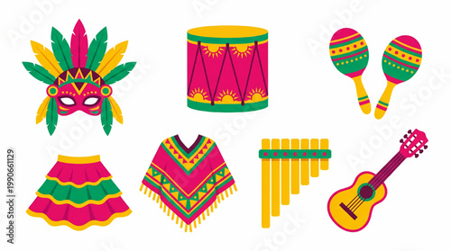 Vibrant Collection of Latin American Cultural Symbols and Instruments.