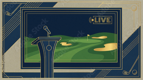 Art Deco Style Illustration of a Golf Course Press Conference