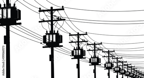 Fotografie Black Silhouette Vector of Rows of Electric Utility Poles with Transformers and
