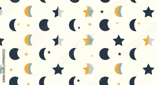 A repeating pattern of dark blue and yellow moons and stars on a cream background