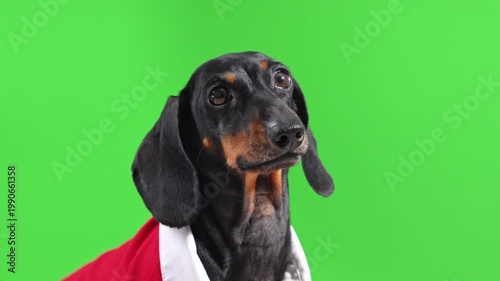 Dachshund dog in red and white costume on bright green screen looking up with expressive eye, emotional breed close portrait, creative studio production scene.