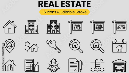 Collection of real estate icons and symbols representing property buying selling renting and investment including houses buildings signs keys calendar search calculator and swimming pool