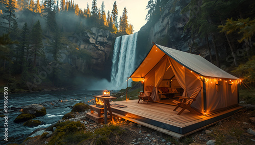 Minimal lakeside camping tent at sunrise with golden light and calm reflections.
