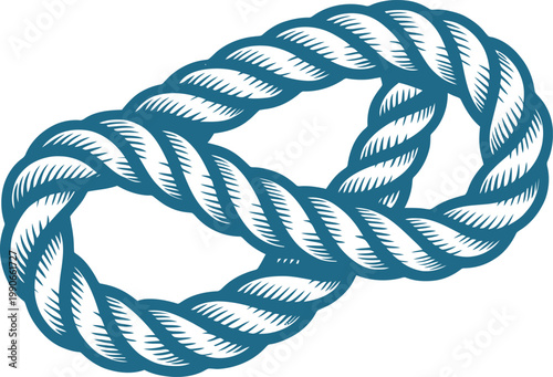 Coiled blue and white twisted rope knot on a white background