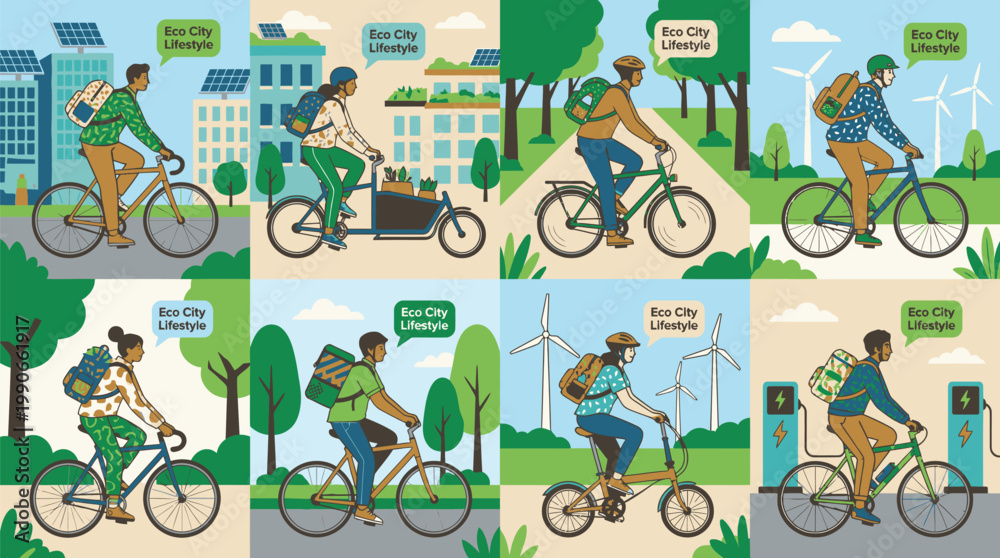 Naklejka premium People Riding Bicycles in Urban Park Scene.