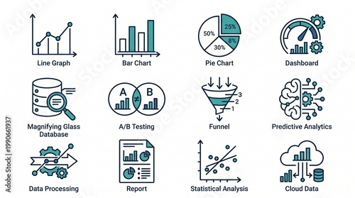 A comprehensive set of twelve modern line icons illustrating various data analysis, business intelligence, and statistical concepts.