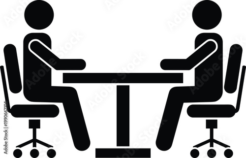 Business meeting silhouettes, office discussion, interview icons, teamwork collaboration, negotiation scene, professional communication, black and white illustration