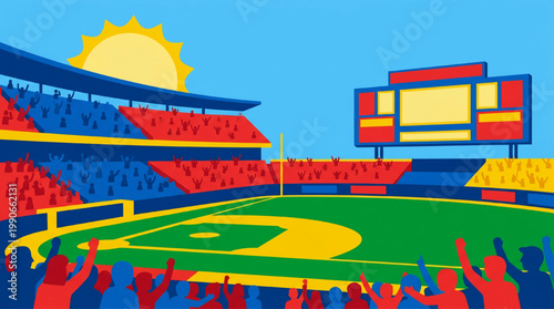 Vibrant Baseball Stadium Scene with Cheering Crowd.