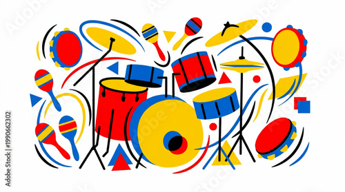 Colorful Drum Set and Percussion Instruments Illustration.