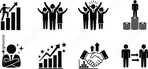 Business success icons, teamwork silhouettes, leadership symbols, financial growth, career advancement, partnership handshake, professional achievement, black and white illustration