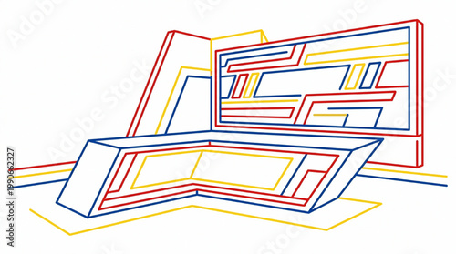 Abstract line art illustration of a broadcast news studio desk