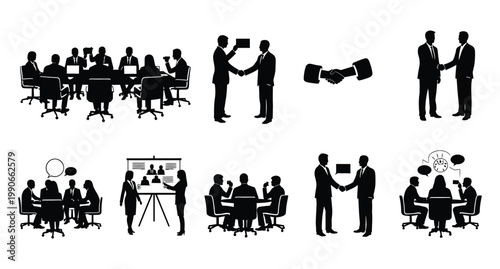 Business silhouette collection handshakes meetings and negotiations in a modern corporate environment