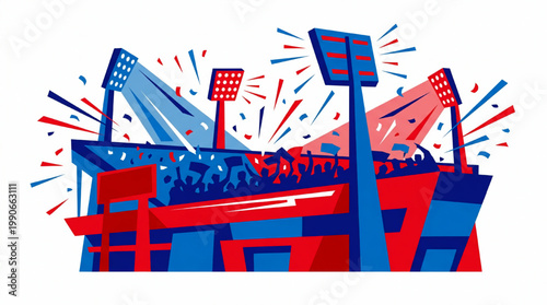 Vector illustration of a crowded stadium with spotlights and confetti