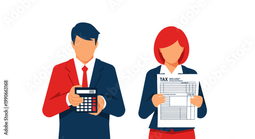 Businessman Checking Calculator While Businesswoman Reads Tax Form – Minimalist Flat Vector Illustration