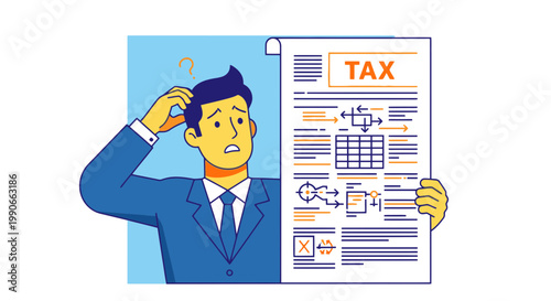 Confused businessman reviewing complex tax sheet vector illustration