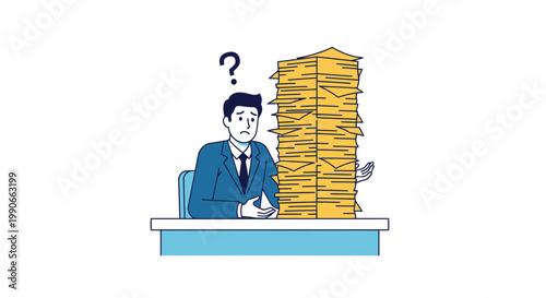 Businessman confused by paperwork stack on table vector illustration
