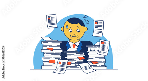 Businessman Overwhelmed by Tax Season Paperwork Vector Illustration