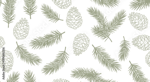 A repeating pattern of pine needles and cones in a muted green hue