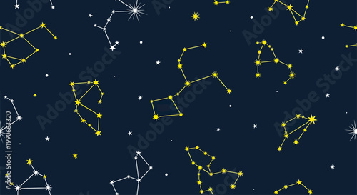 A seamless pattern of constellations depicted with yellow and white stars on a dark blue background