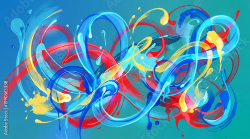 Abstract fluid art with vibrant blue, yellow and red swirls