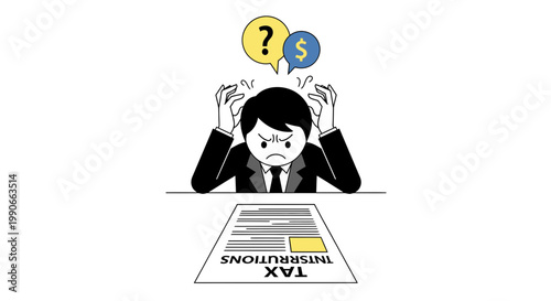Stressed Businessman Reading Tax Instructions Flat Minimalist Vector Illustration