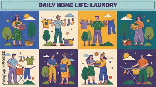 Daily Home Life Laundry Activities Illustration.