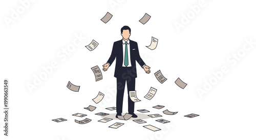 Stressed Businessman Surrounded by Scattered Receipts Minimalist Vector Illustration