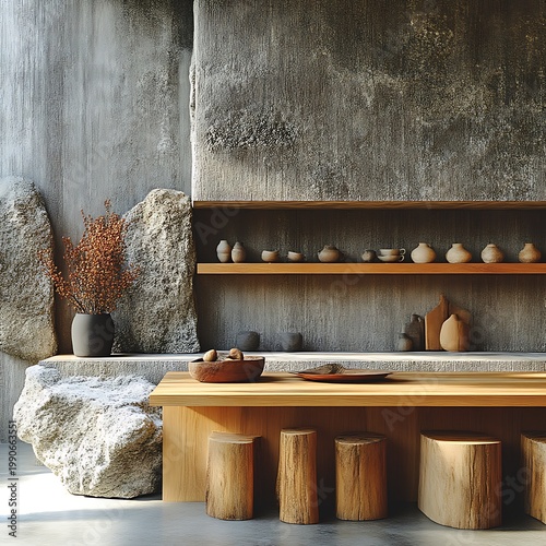 Rustic, modern Asian-inspired kitchen design with natural stone and wood accents