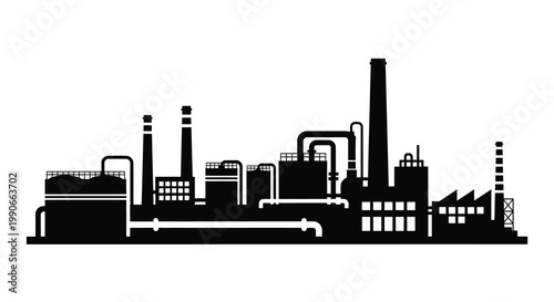 Tableau sur toile Industrial complex with smokestacks and buildings shown in stark black silhouett