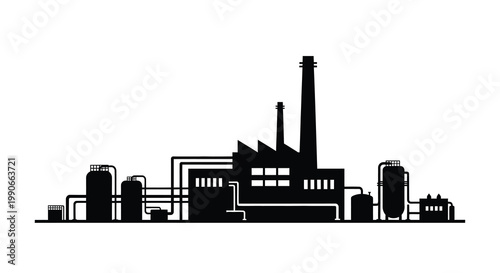 Industrial complex with smokestacks and pipes presented in stark silhouette