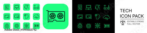 Editable Stroke Tech Icon Pack Full Vector Collection Featuring Modem GPU CPU Database Backup Laptop Mobile Tablet Hard Drive Bug AI and SSD Symbols for Digital UI Systems