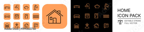 Editable Stroke Home Icon Pack Full Vector Set Including House Bed Sofa Lamp Kitchen Bathroom Window Garage Door Fence Garden and Intercom Symbols for Real Estate UI Design