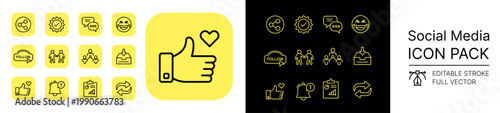 Editable Stroke Social Media Icon Pack Full Vector Collection Featuring Like Comment Share Follow Notification Repost Emoji Inbox Group Verified Friends and Report Symbols for App UI Design
