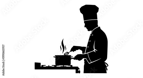 A silhouette of a chef in a hat and apron, stirring a pot on a stovetop with steam rising, depicting the act of cooking.