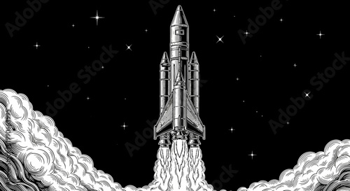 Space shuttle launch illustration against stellar sky with dramatic vapor trails