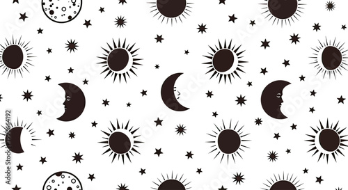 Celestial pattern of stylized suns, moons with faces, and stars on white