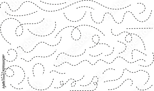 Curved and twisted dashed path travel dotted lines set. destination track vector sign, curvy and loopy travelling lines.