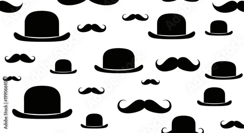 Black bowler hats and mustaches scattered across a white background