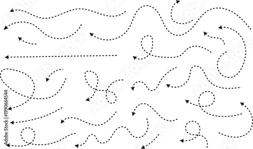 Dotted curved line arrow direction route path set, zigzag doodle arrow vector collection with dotted line design for navigation, routes, and creative graphics.