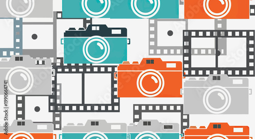 Flat graphic art featuring vintage cameras and film strips in a mosaic pattern