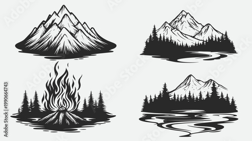 Four black and white illustrations of nature scenes mountains, trees, water, and a campfire